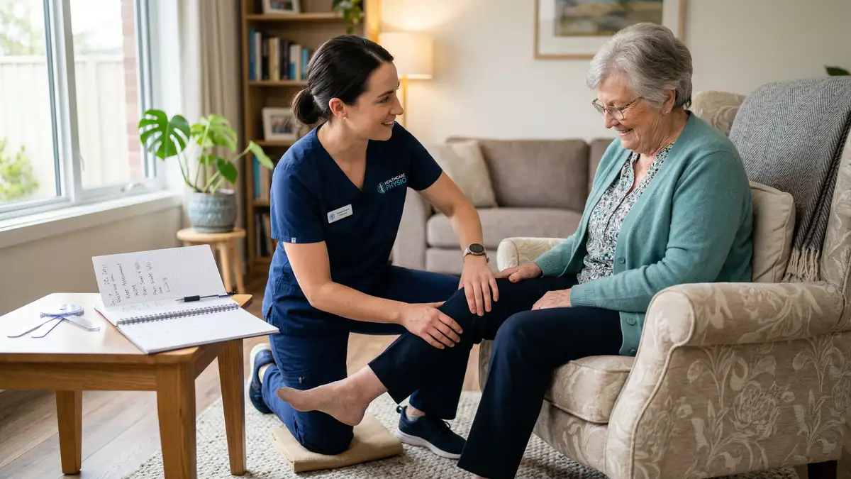 Physiotherapist assessing an elderly patient's knee mobility during a home visit in West London