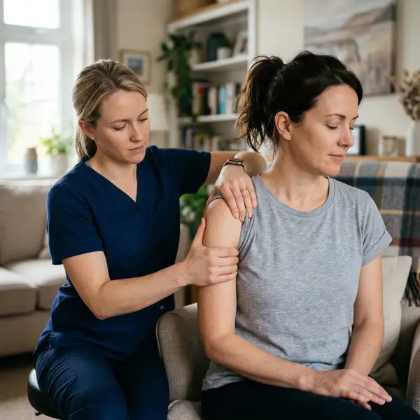 Close-up of physiotherapist performing gentle shoulder mobilisation during a home visit