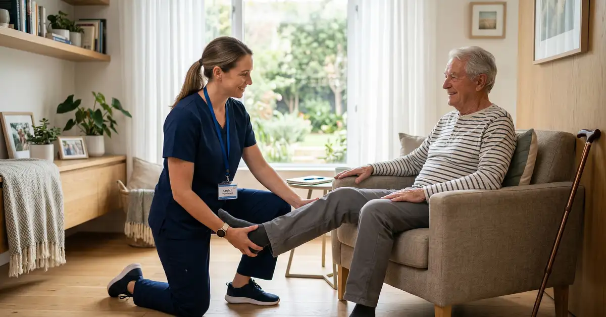 Physiotherapist visiting an elderly patient at home for a physiotherapy session in West London