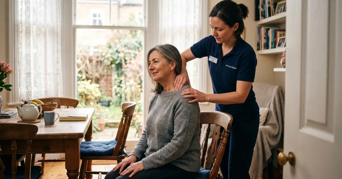 CK Physio chartered physiotherapist performing manual therapy on a middle-aged woman's shoulders during a home visit in West London