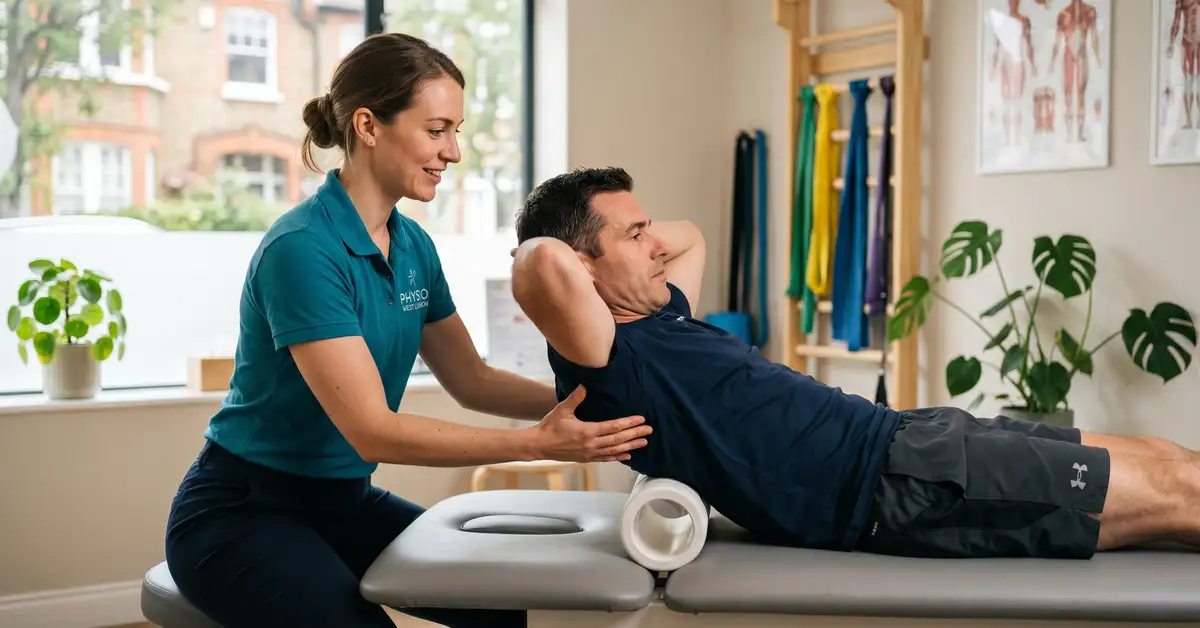 West London chartered physiotherapist guiding a male patient through a thoracic extension exercise over a foam roller at CK Physio clinic in Hanwell