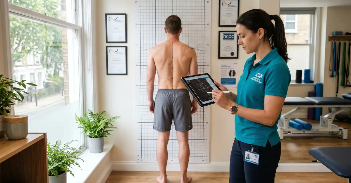 Chartered physiotherapist in West London performing a postural assessment on a male patient using digital analysis software