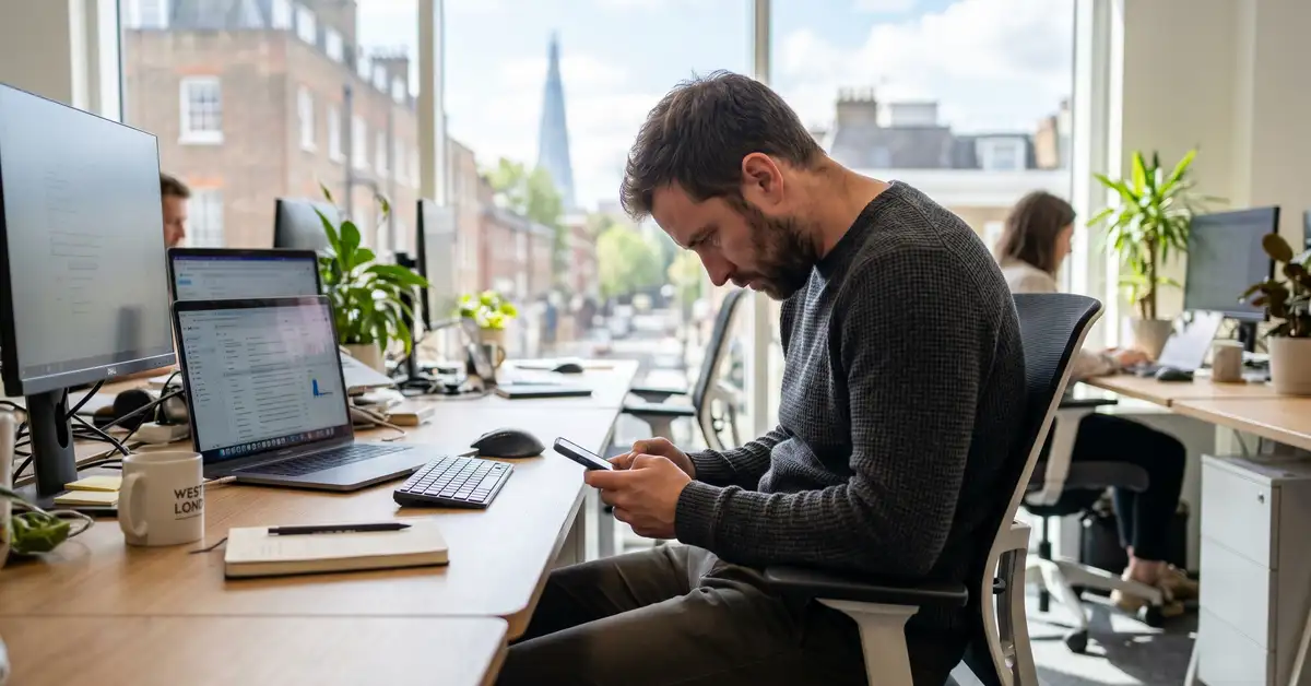 Man in his 30s with forward head posture and rounded shoulders hunched over a smartphone at a modern desk