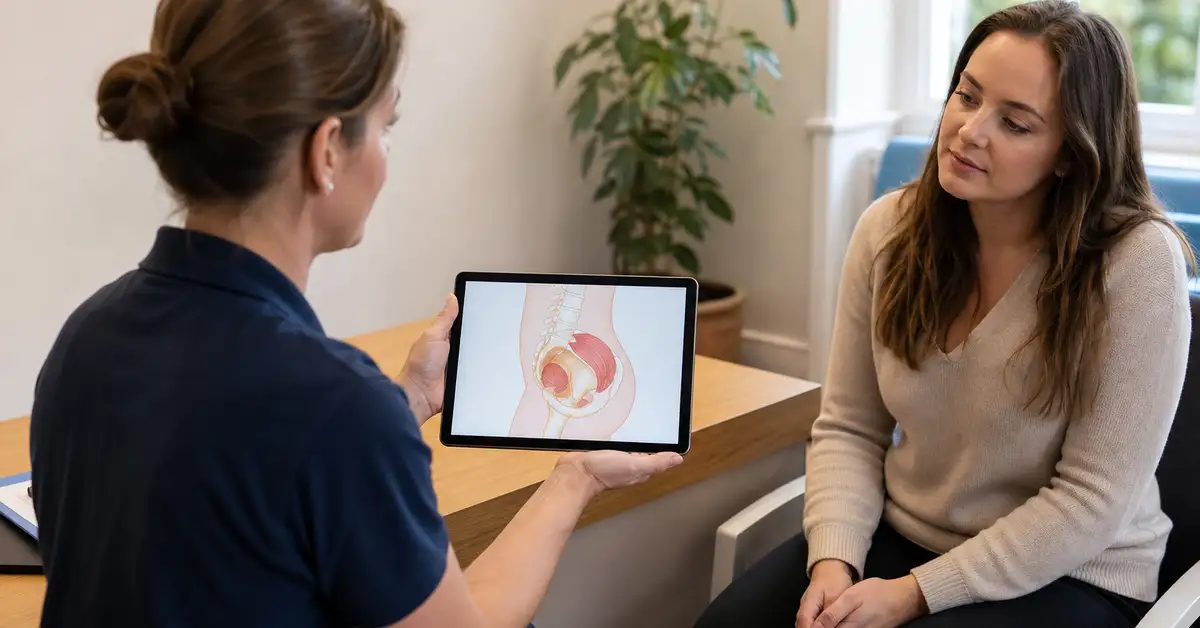 CK Physio chartered physiotherapist showing a pelvic anatomy diagram on a tablet to a patient during an initial pelvic floor physiotherapy consultation in West London
