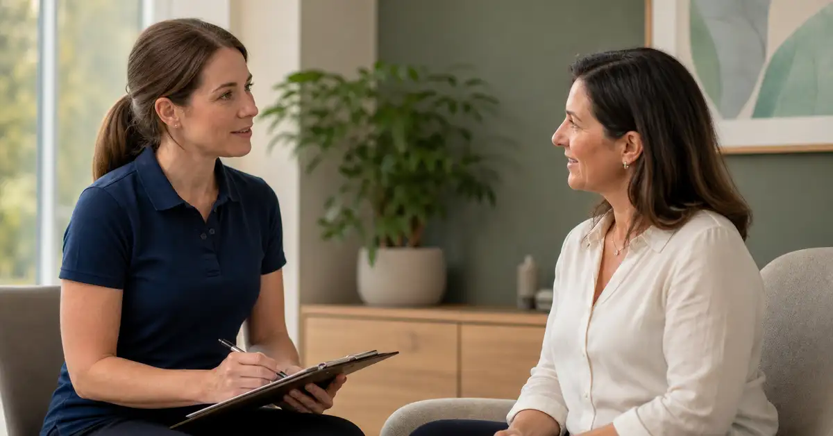 Female chartered physiotherapist consulting with an adult female patient about pelvic floor physiotherapy in a calm West London clinic consultation room