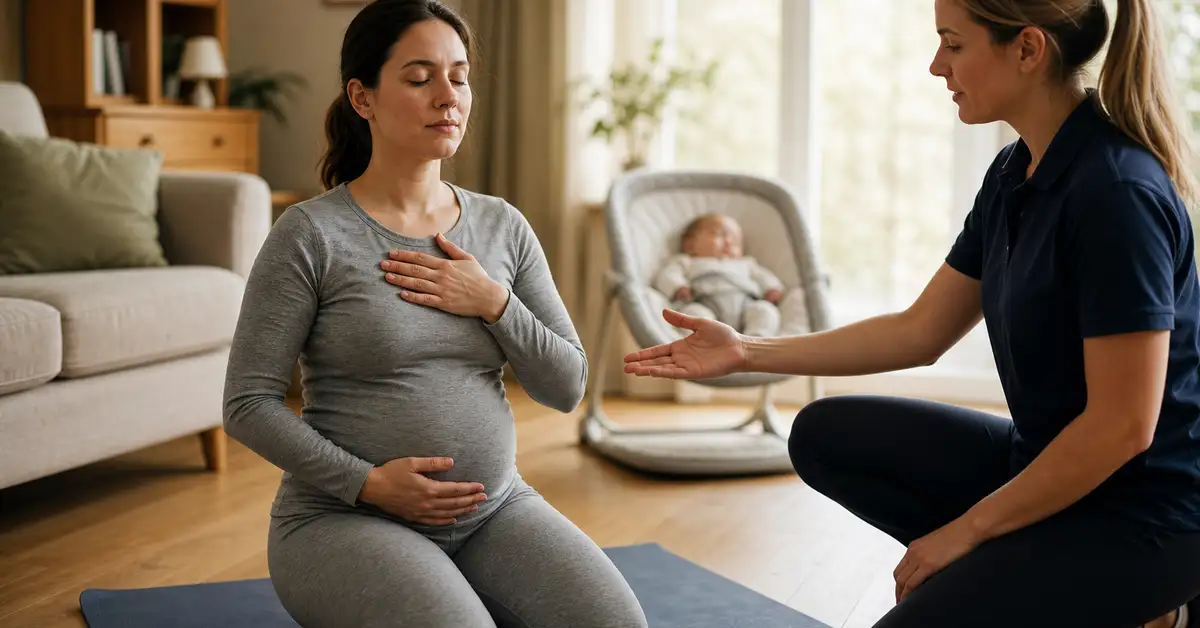 New mother practising guided diaphragmatic breathing on a yoga mat during a postnatal pelvic floor physiotherapy home visit in West London