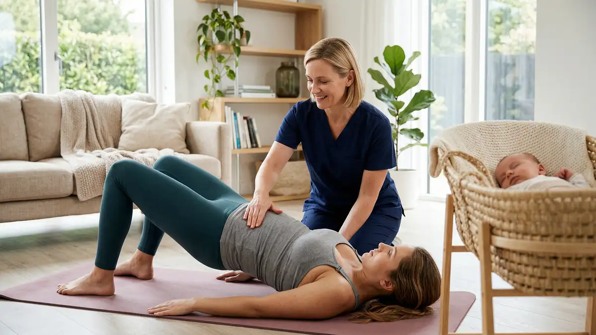 New mother doing gentle postnatal physiotherapy exercises at home with physiotherapist guidance
