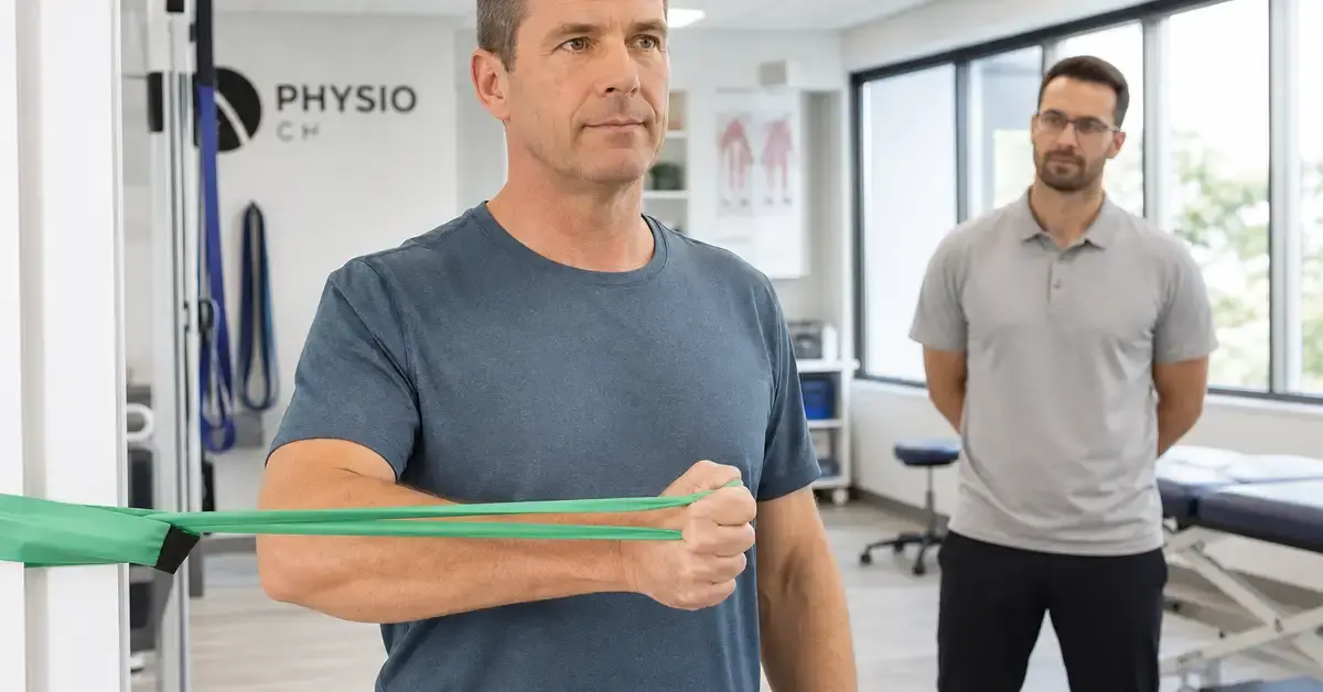 Patient performing external rotation exercise with resistance band for rotator cuff rehabilitation
