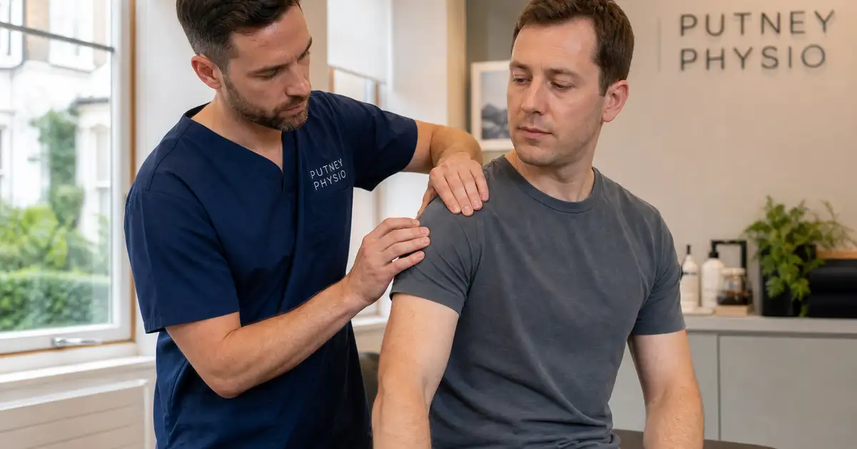 Chartered physiotherapist performing a shoulder assessment for rotator cuff tendinopathy at CK Physio, Hanwell, West London