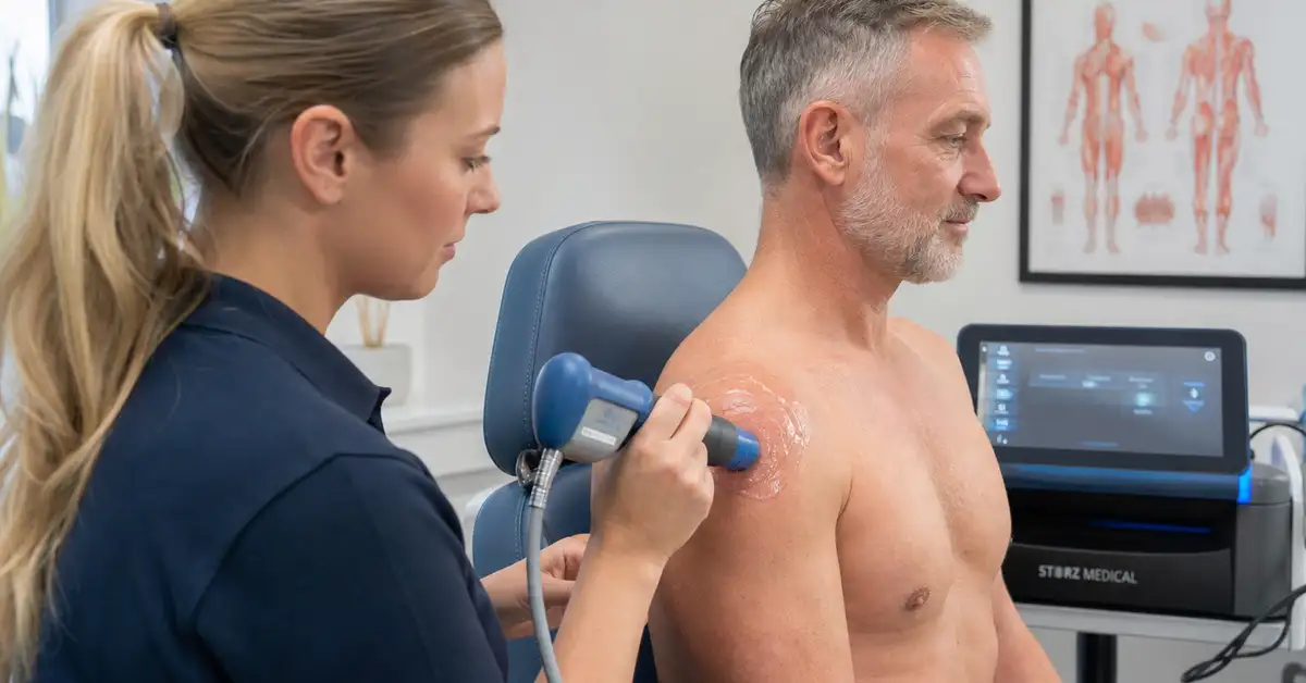 Physiotherapist applying extracorporeal shockwave therapy (ESWT) to a patient's shoulder for calcific rotator cuff tendinopathy