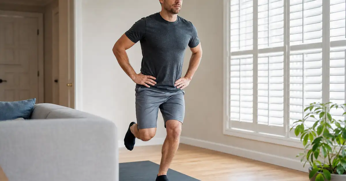 UK runner performing a controlled single-leg balance and hip-strengthening exercise on a yoga mat at home as part of a structured running injury rehabilitation programme