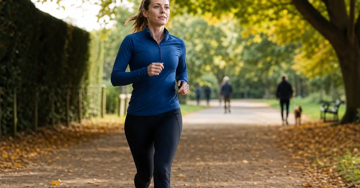 UK woman in her thirties on a confident outdoor recovery jog in a leafy West London park — pacing managed, calm focused expression