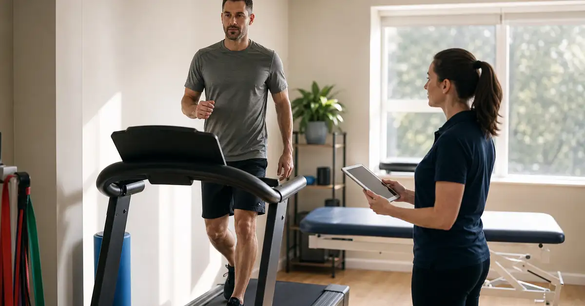 UK male recreational runner being gait-analysed on a treadmill by a female chartered physiotherapist in a calm West London physiotherapy clinic