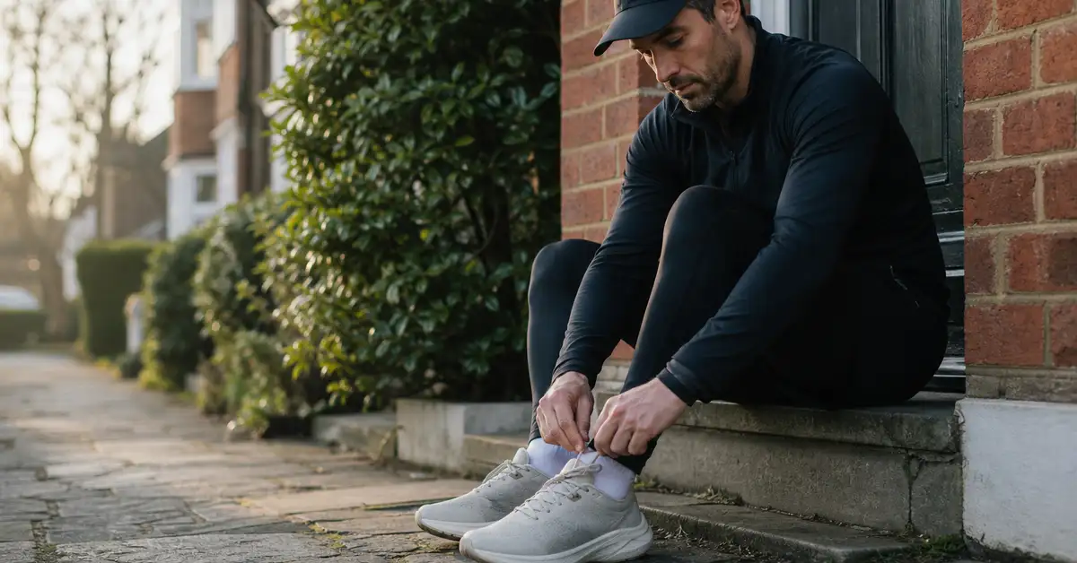 UK runner lacing trainers on a West London doorstep, returning to running confidently after a structured CK Physio recovery programme