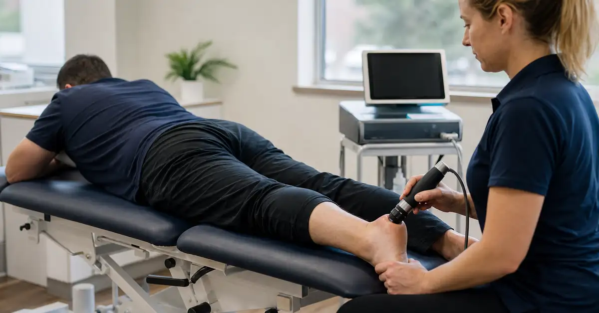 CK Physio chartered physiotherapist applying targeted shockwave therapy to a runner's heel and lower calf for chronic plantar fasciitis or Achilles tendinopathy