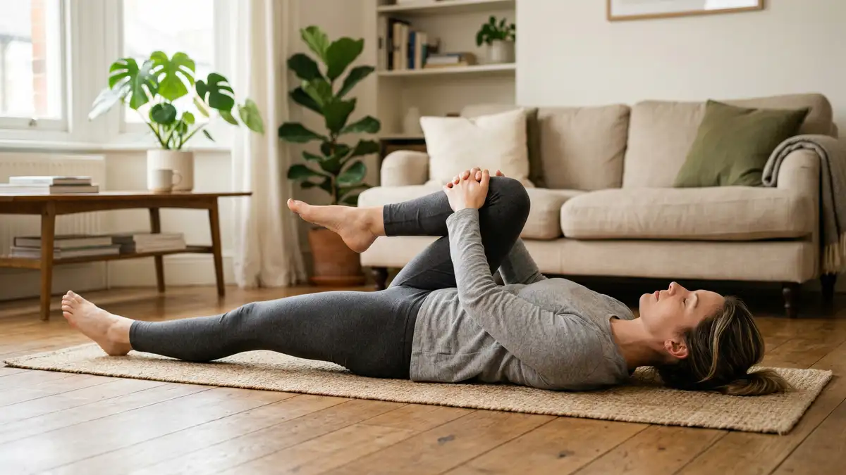 Person performing a gentle knee-to-chest stretch exercise for sciatica relief on a yoga mat at home