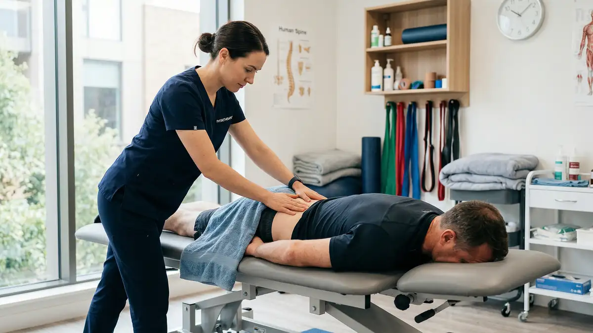 Chartered Physiotherapist performing manual therapy techniques on a patient's lower back to treat sciatica pain