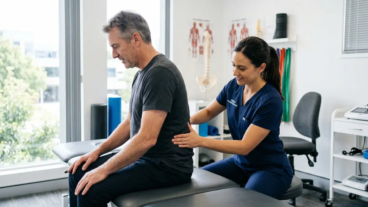 Physiotherapist assessing a patient with lower back and leg pain during a sciatica consultation in a clinic setting
