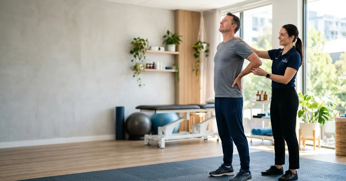 Physiotherapist guiding a patient through a lower back stretch for sciatica treatment in a modern West London clinic