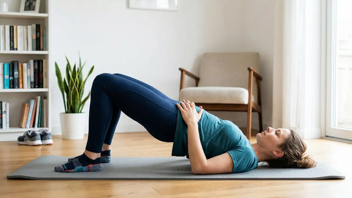 Person performing a glute bridge exercise at home for sciatica rehabilitation