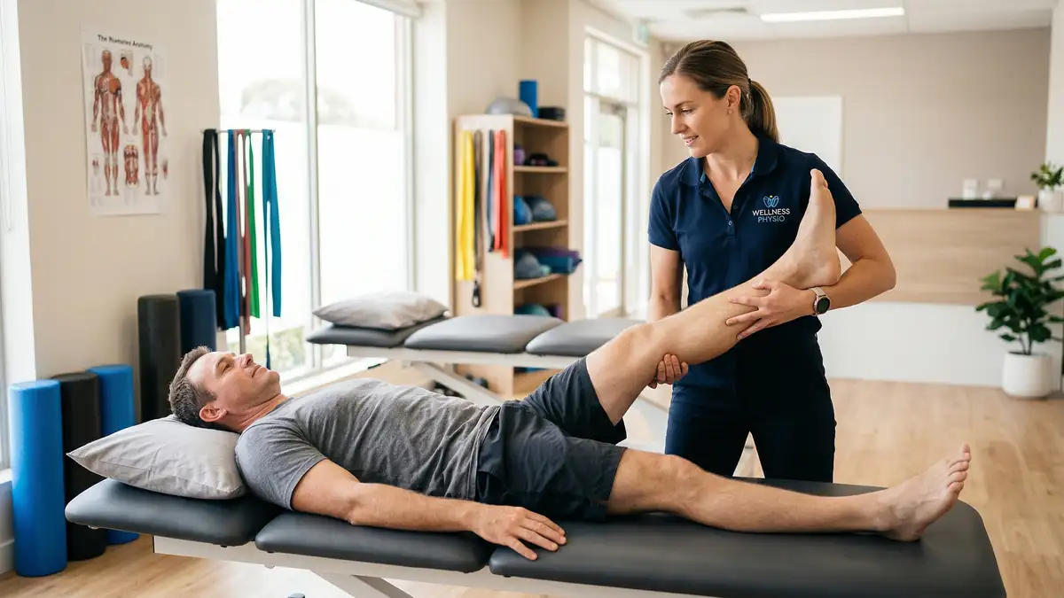Physiotherapist performing a straight leg raise assessment for sciatica diagnosis