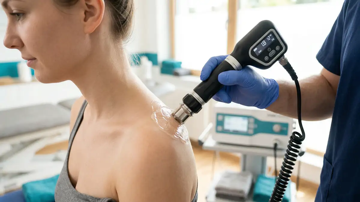 Close-up of shockwave therapy applicator with conductive gel being applied to patient shoulder in physiotherapy clinic