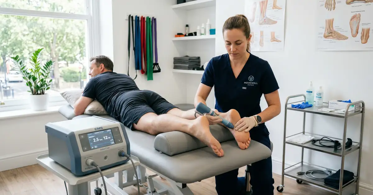 Physiotherapist applying shockwave therapy to patient heel in modern West London clinic