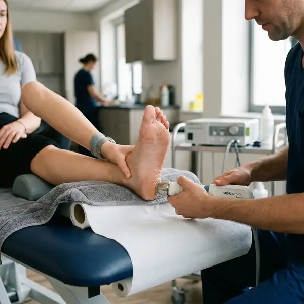 Shockwave therapy device being applied to patient heel for plantar fasciitis treatment