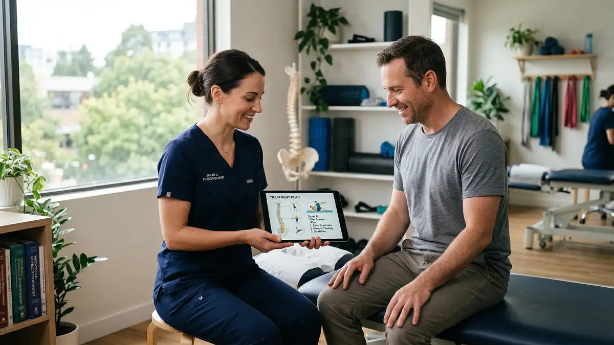 Physiotherapist consulting with patient about treatment options in modern West London clinic