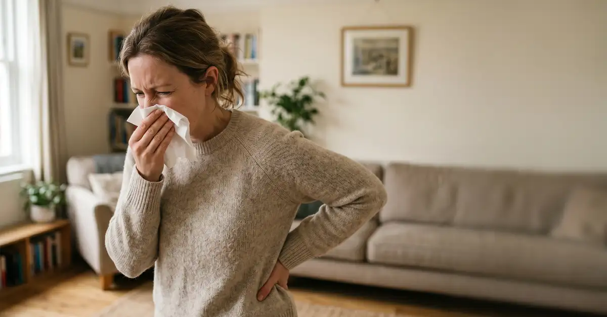 Woman mid-sneeze holding her lower back in discomfort — a common trigger for underlying back pain