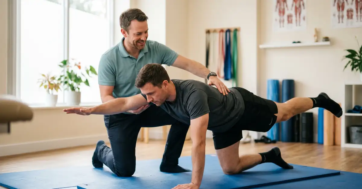 Male chartered physiotherapist guiding a patient through a bird-dog core stabilisation exercise on a padded mat in a clinic