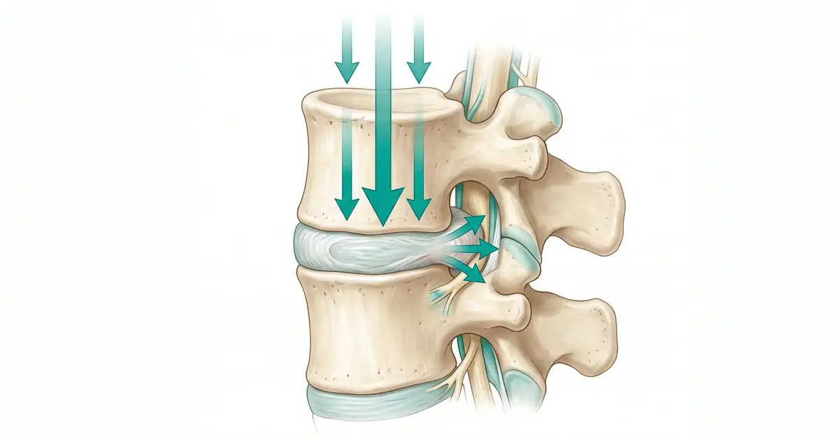 Anatomical cross-section illustration of a lumbar intervertebral disc compressed under sneeze pressure, with force vectors pushing outward on nerve roots