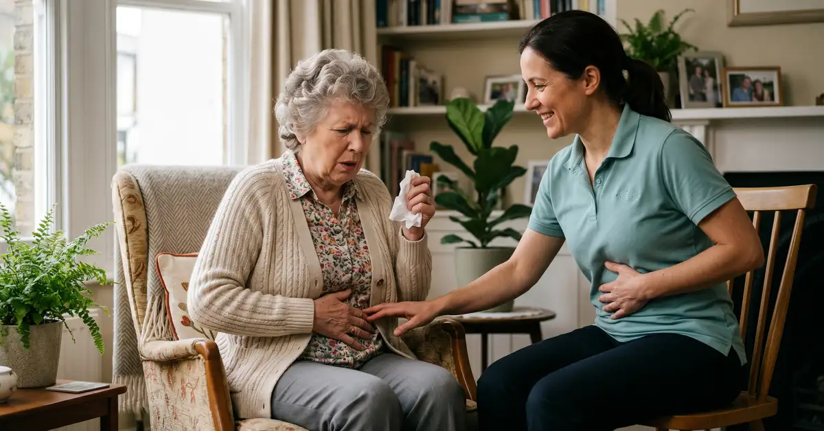 Female physiotherapist coaching an older woman through correct sneeze bracing posture in a warm West London home living room