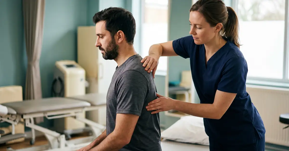 Female chartered physiotherapist performing gentle manual therapy on a seated patient's upper thoracic spine in a bright clinic treatment room