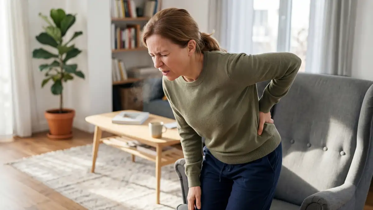Person holding their lower back in pain while sneezing, showing the discomfort caused by underlying spinal conditions