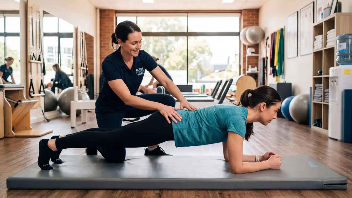 Physiotherapist guiding a patient through core strengthening exercises to prevent sneezing-related back pain