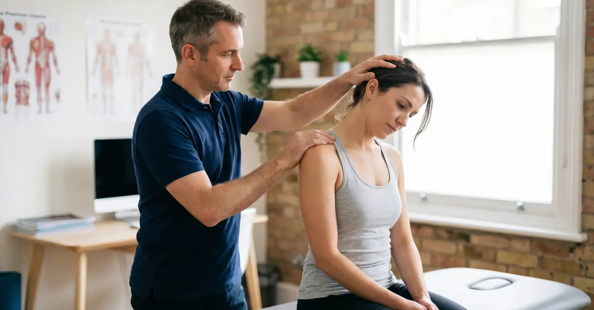 A CK Physio chartered physiotherapist assessing a patient's cervical range of motion during a trapped-nerve consultation in a West London treatment room