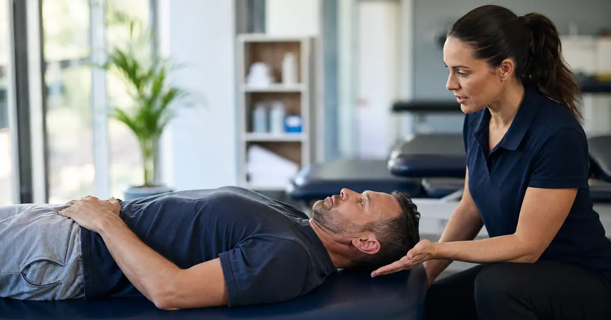 Adult male patient performing deep cervical flexor activation on a treatment table while a chartered physiotherapist observes — week 2-6 subacute whiplash rehabilitation