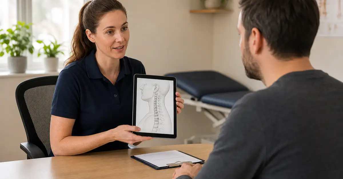 CK Physio chartered physiotherapist discussing a whiplash assessment and report with a patient during an initial RTA consultation in a West London clinic