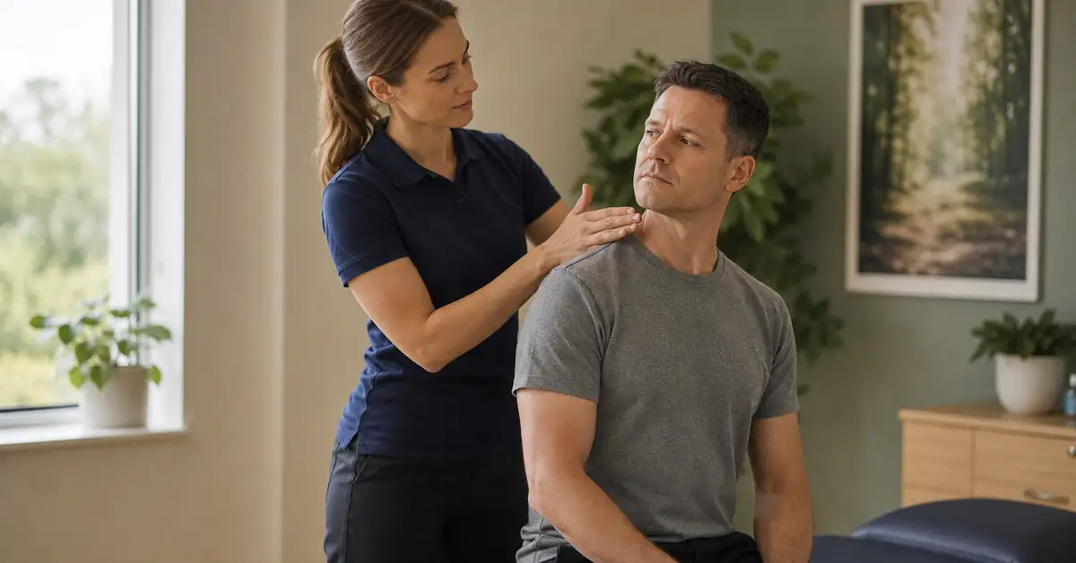 Female chartered physiotherapist assessing the neck range of motion of a male patient in a calm West London physiotherapy clinic after a road traffic accident